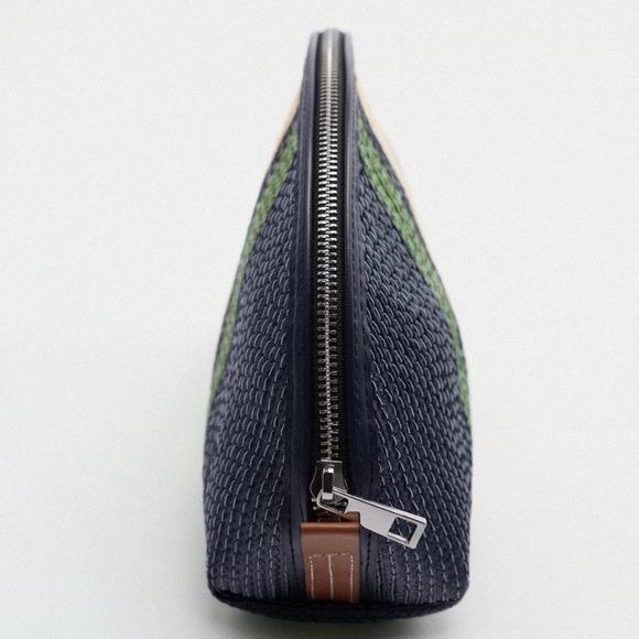 ZARA Contrast Stripe Woven Cosmetics/Toiletry Clutch Bag Navy/Tan/Green Sz Med - Picture 4 of 4